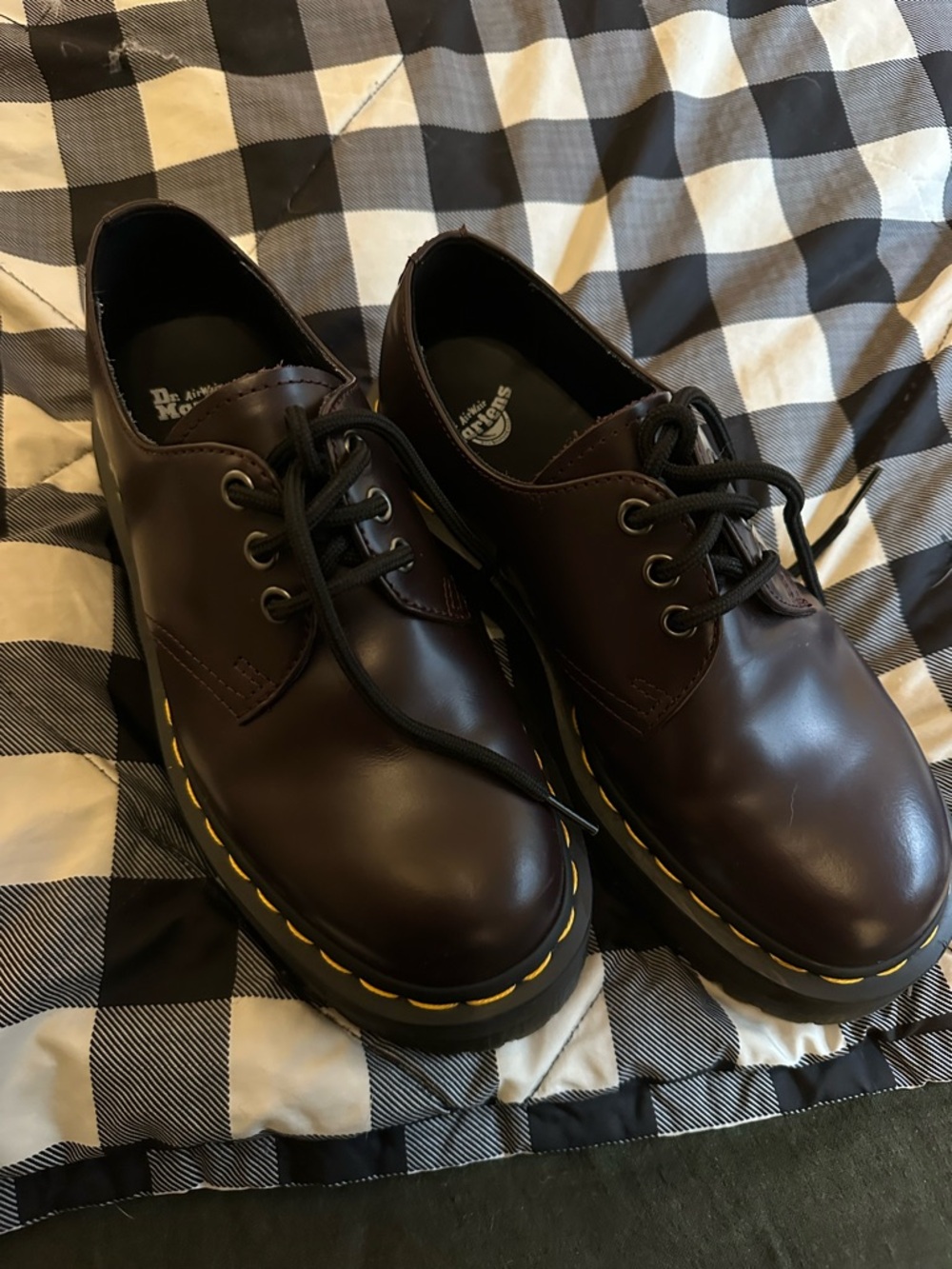 Dr. Martens 3-Eye Oxford in Dark Maroon with Yellow Welt Stitching